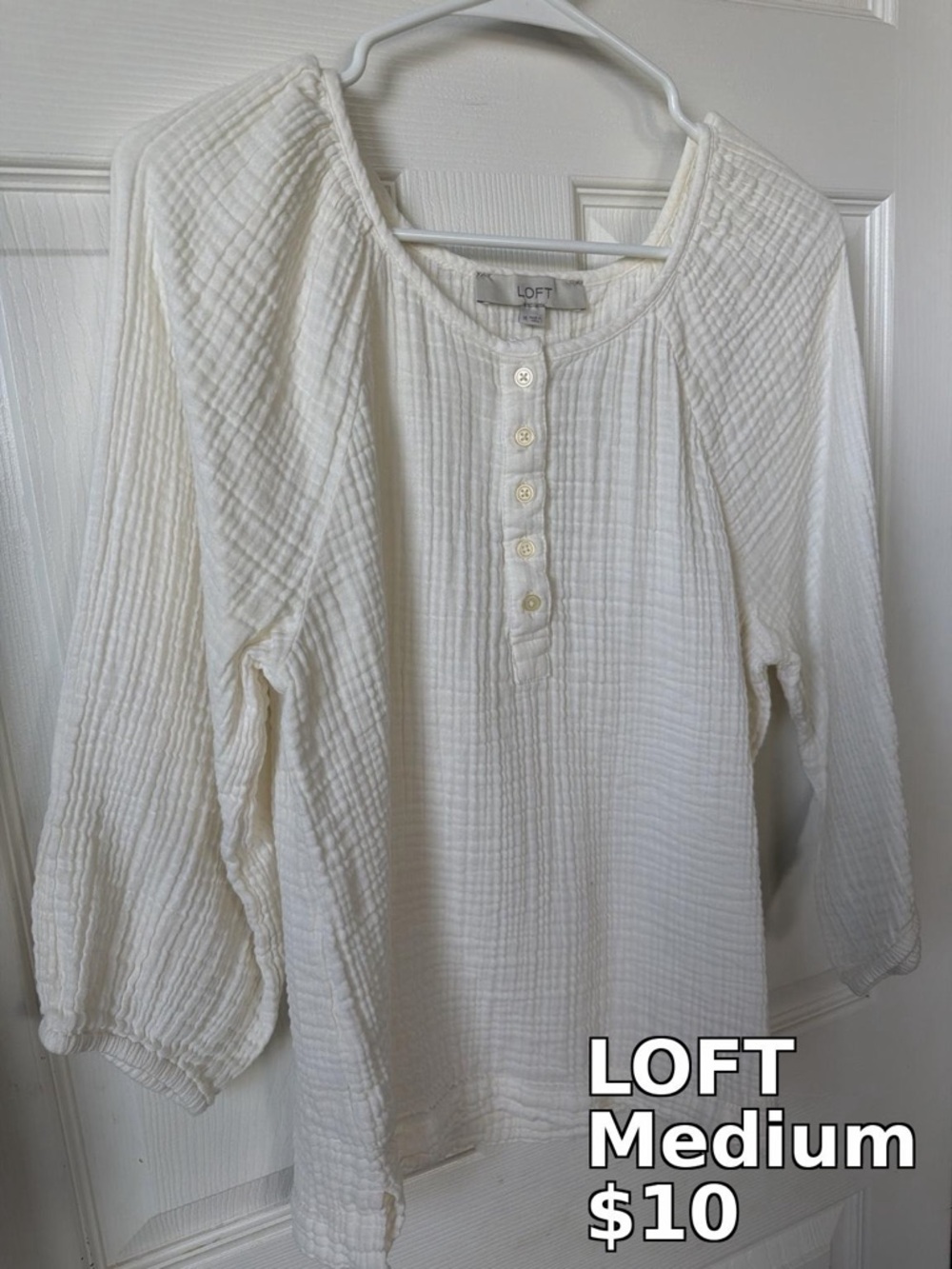 LOFT Cream Textured Button Henley Blouse